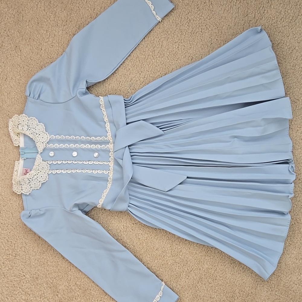 1980s Girls Beautique Pleated Dress with Waist Tie Light Blue Size 6